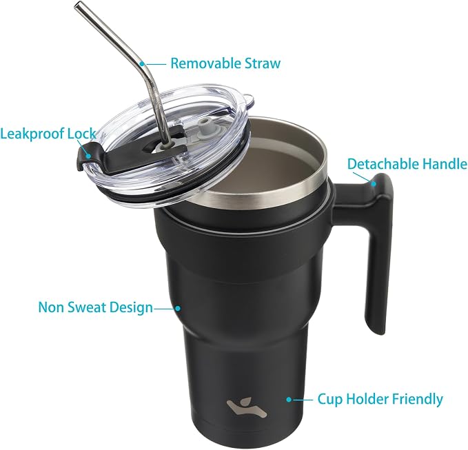 Konokyo 30 oz Tumbler with Handle and Straw, Insulated Travel Mug | Black; - Image 2