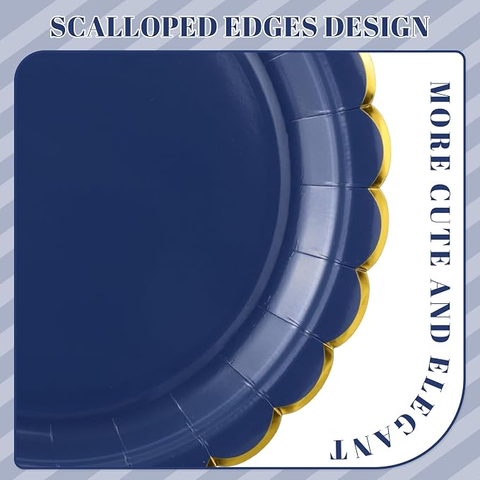 NatNarr 30 Pk Navy Blue Paper Plates 9" Scalloped Blue Gold Party Plates | Cute - Image 3