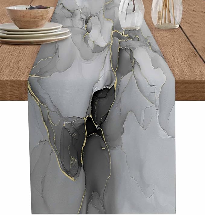 Grey Marble Table Runners 72 Inches Long, Cotton Linen Fabric Table Runner by Edwiinsa