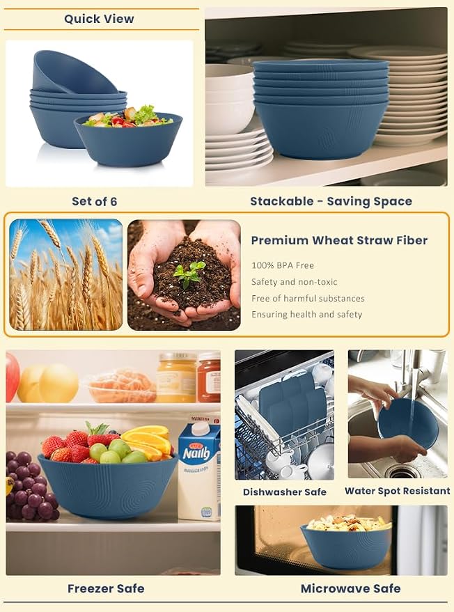 Wheat Straw Bowls, Unbreakable Soup Bowls Set of 6, Alternatives Plastic Bowls - Image 5