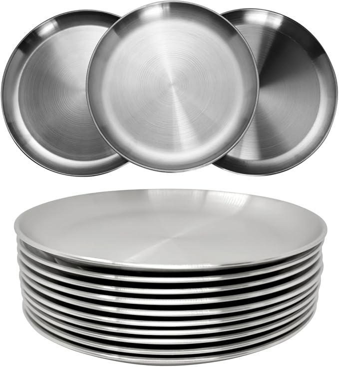 CAMBUY Stainless Steel Plates 9 inch 10 Pcs Metal Dinner Dishes Plate Set | by CAMBUY