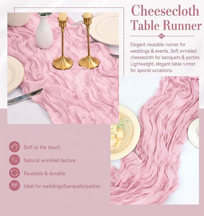 12 Pack Pink Cheesecloth Table Runner 17x108 Inch Boho Rustic Semi Sheer Gauze - Image 5
