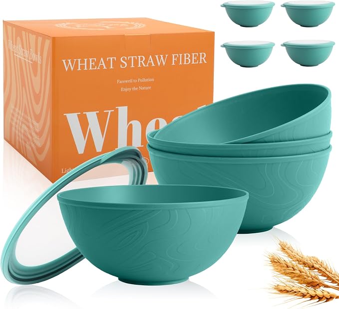 40 OZ Wheat Straw Bowls with Lids Set, Alternative Plastic Food Containers with by Perlapoc