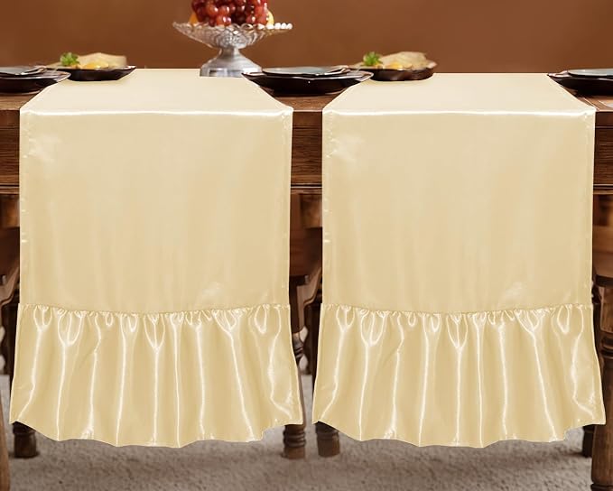 2 Pack Beige Satin Table Runner 12 x 72 Inch | Ruffle Design, Luxurious Dining - Image 3