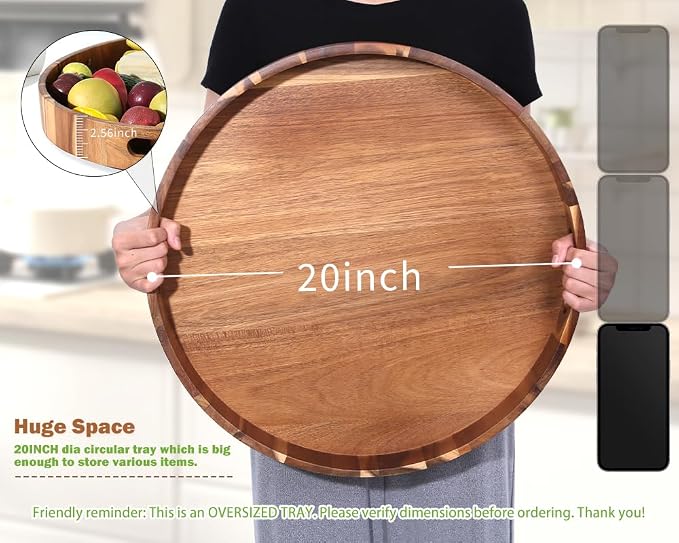 Extra Large Round Serving Tray, Heavy Duty Acacia Wood Trays - Image 8