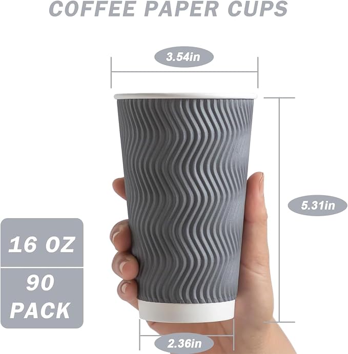 Clawsoff 90 Pack 16 oz Coffee Cups Disposable Insulated Paper Cup Gray | - Image 2