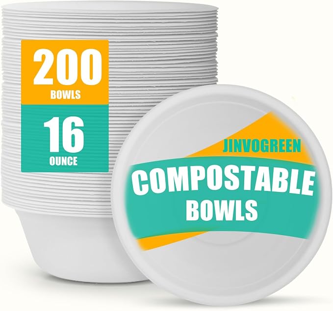 JINVOGREEN 200 Count 16 oz Paper Bowls, Disposable Compostable Bowls, Heavy by JINVOGREEN