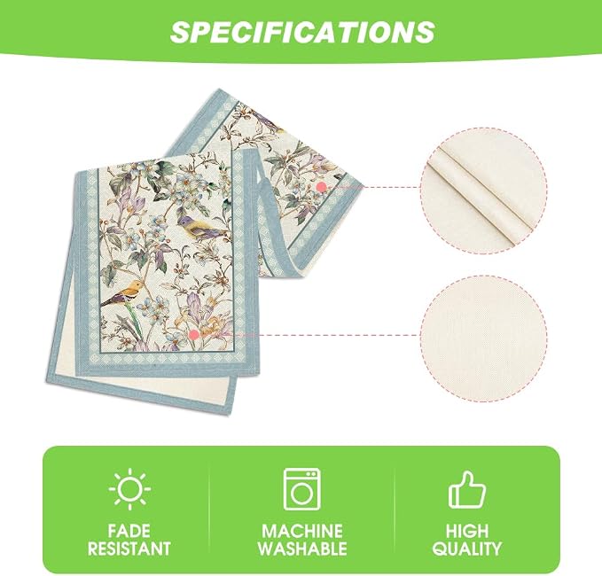 Artoid Mode Blue Birds Flowers Blossom Table Runner, Seasonal Spring Floral - Image 4