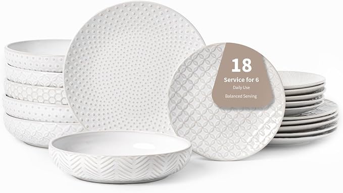 FOBENTA 18-Piece Embossed Ceramic Dinnerware Set–6 Dinner Plates, 6 Salad Plates by FOBENTA