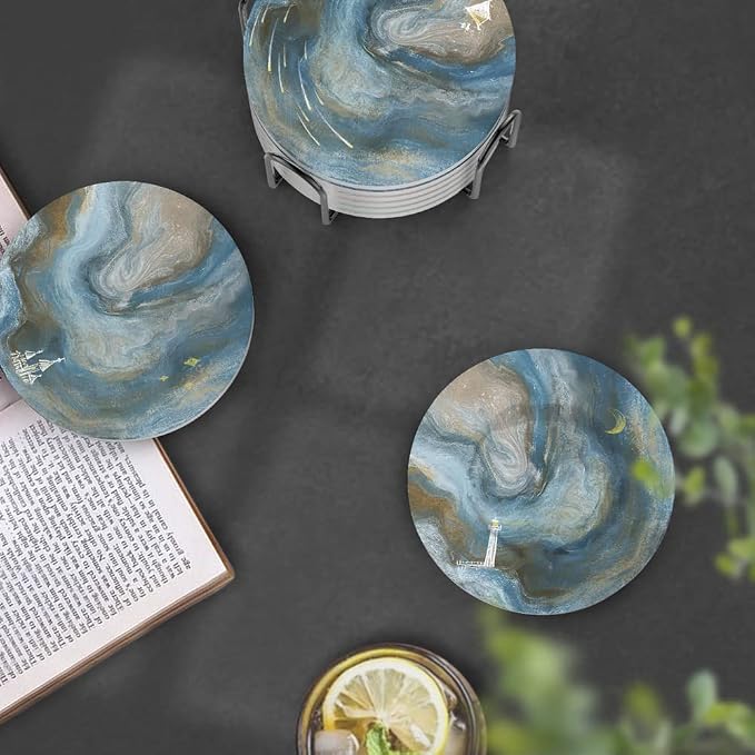 UMIRRO Absorbent Ceramic Stone Coasters Set of 6 w/Holder, Celestial Dream | - Image 4