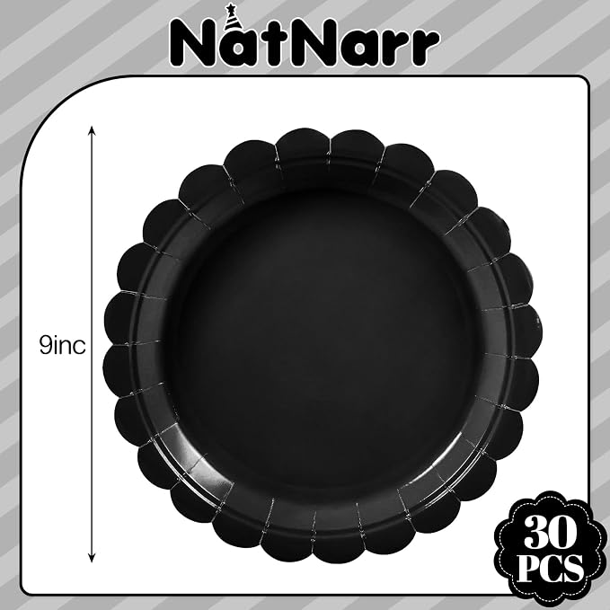 NatNarr 30 Pk Black Paper Plates 9" Disposable Scalloped Black Party Plates | - Image 2
