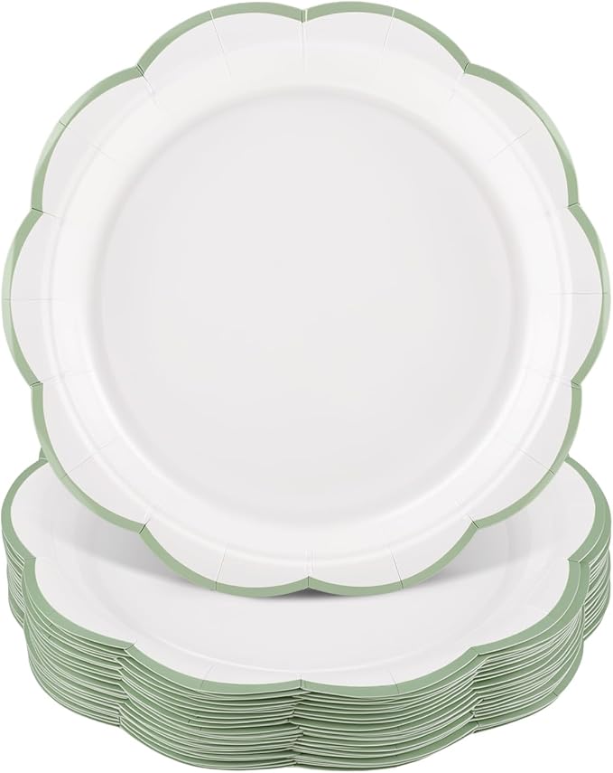 30 Pcs Sage Green and White Paper Plates, 7 In White Plates by NatNarr