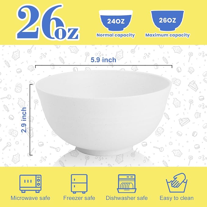 Wheat Straw Bowls 26 OZ, Plastic Bowls Reusable, Unbreakable Cereal Bowls Set - Image 2