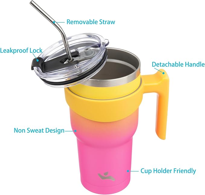 Konokyo 30 oz Tumbler with Handle and Straw, Insulated Travel Mug | Rainbow; - Image 2