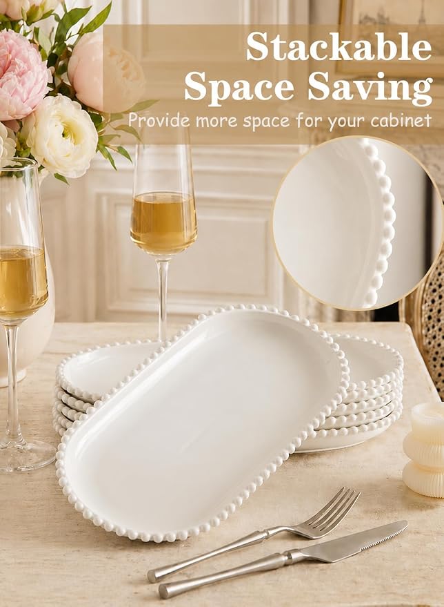 12 Inch White Porcelain Oval Serving Platters Set of 6 | Extra Large, Bead Rim - Image 3