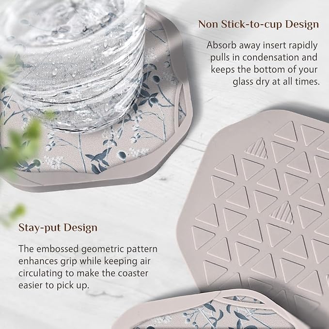 UMIRRO Absorbent Felt & Silicone Drink Coasters Set of 4, Botanical Floral | - Image 5