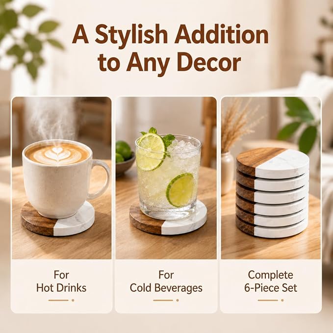 6 Packs Marble Wood Coasters, Round Coaster, Handcrafted Artificial Marble - Image 5