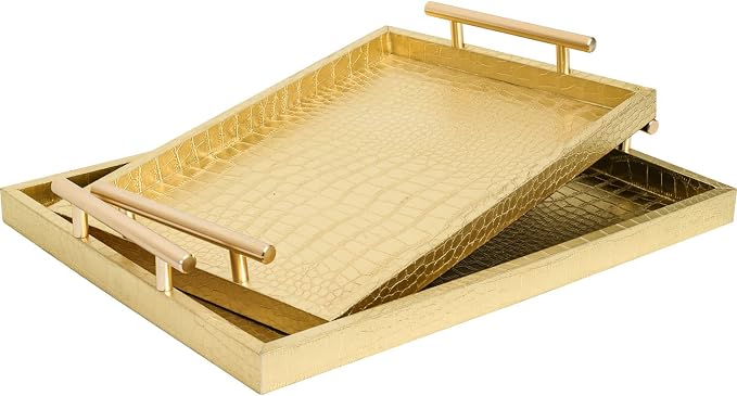 Set of 2 Modern Elegant Large Wood Serving Tray, Rectangle Decorative Tray - Image 6