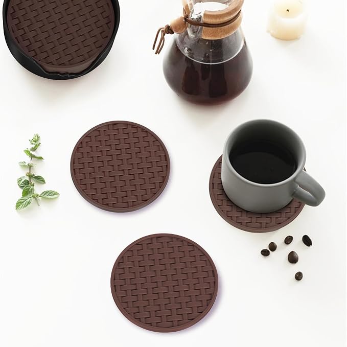 Brown Silicone Coaster with Holder Set of 6, 4 Inch Non-Slip Cup Mats | Round - Image 4