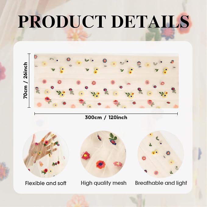 Artoid Mode Champagne Embroidery Daisy Gauze Table Runner 120 Inch 10FT | - Image 7