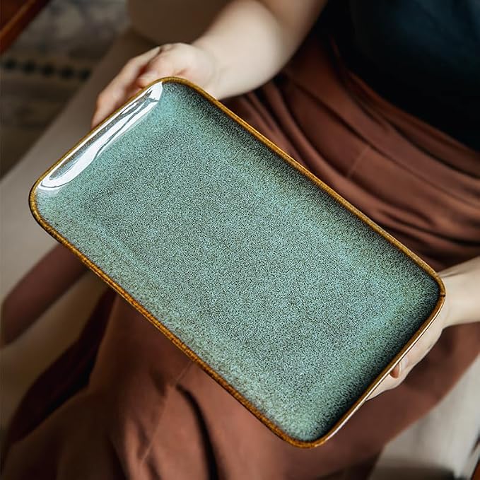 Unique Glazed Green Ceramic Tray, 10 Inch Rectangular Serving Platter | by Stylitzy