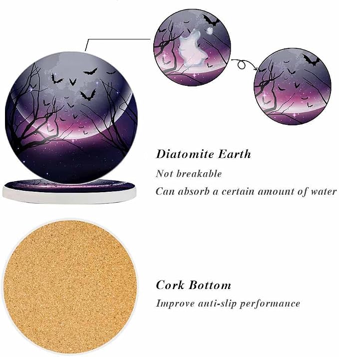 oFloral Full Moon Coasters for Drinks Bat Bare Trees Stars Shine Magic Night - Image 4
