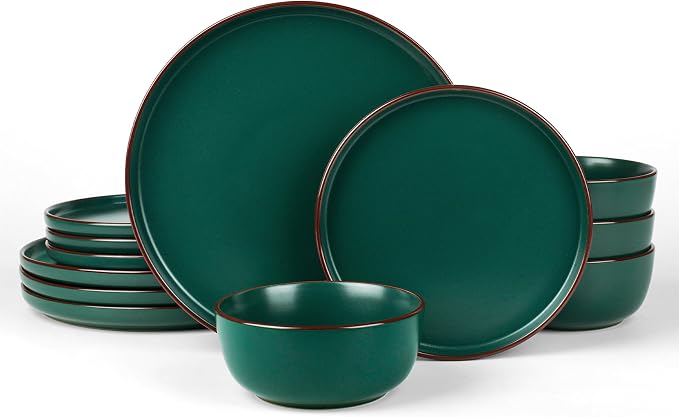 Famiware Mercury 12-Piece Stoneware Dinnerware Set, Dark Green | Plates and by Famiware