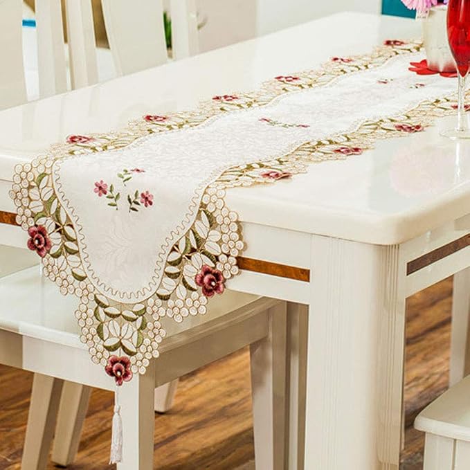 LeLehome 15 X 112 Inch Classic Table Runner, Flowers Embroidery Lace Beige - Image 7