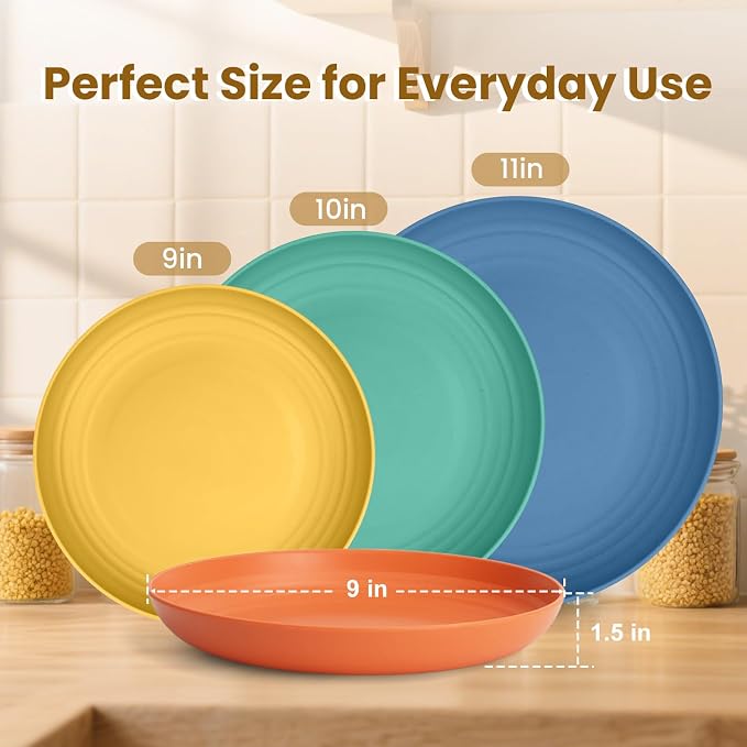 Wheat Straw Plate 9 Inch, Deep Dinner Plates Set of 8, Unbreakable Plastic - Image 4