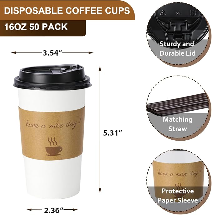 BYSNOW 16 oz 50 pack Disposable Coffee Cups - Image 2