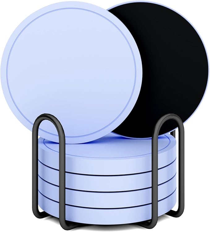 Azhou 6Pcs Drink Coaster with Holder, Baby Blue Absorbent Coasters by Azhou