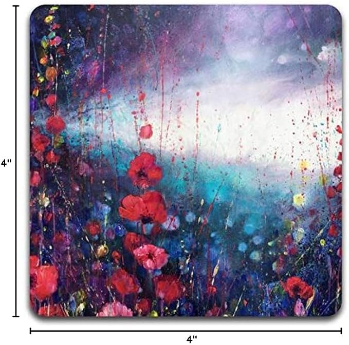 Watercolor Red Flowers Square Coaster Set-Made of Recycled Rubber-Set of 4 - Image 6