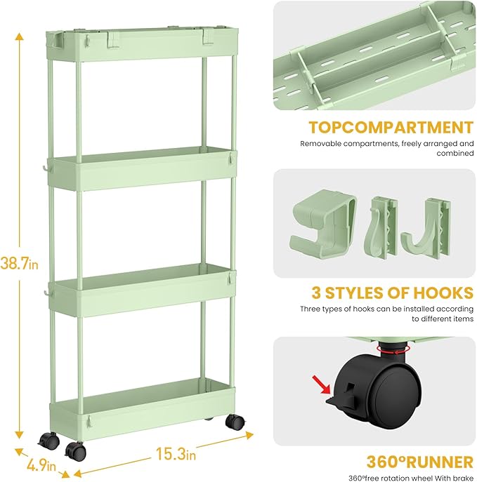 Slim Storage Cart 4 Tier, Bathroom Organizer Rolling Utility, Mobile Shelving - Image 3