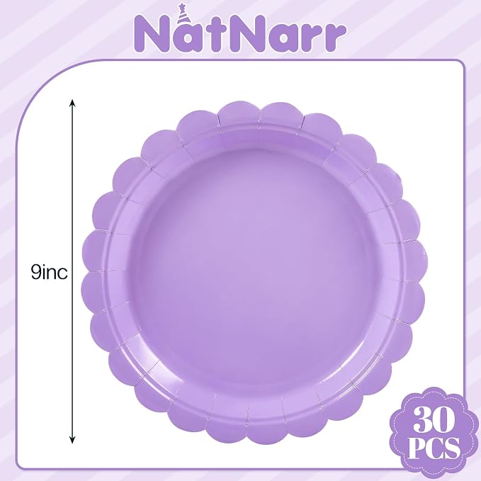 NatNarr 30 Pk Purple Paper Plates 9" Scalloped Lavender Party Plates | Light - Image 2