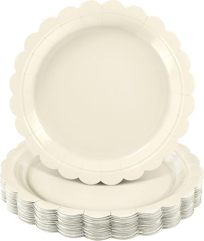 NatNarr 30 Pk Ivory Paper Plates 9" Disposable Scalloped Cream Beige Plates | by NatNarr