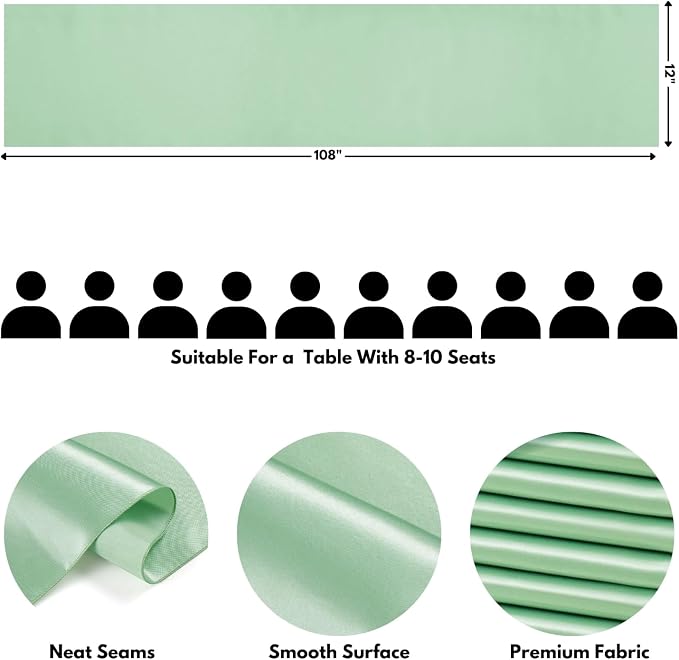 Sage Green Satin Table Runner, 12x108 Inches, 4 Pack | Premium Satin, Smooth - Image 2
