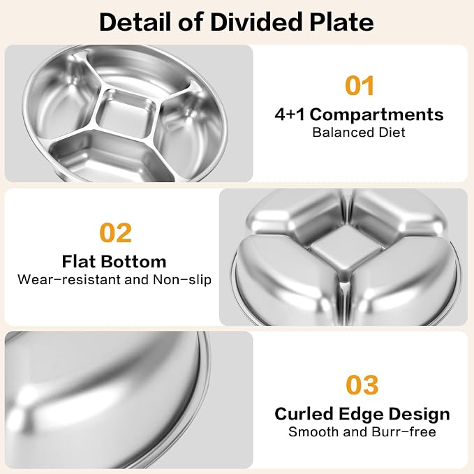 5 Compartments Stainless Steel Kids Plates | 8.8'' Round Metal Toddler Divided - Image 7