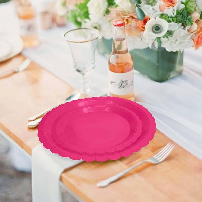 50 Pcs Hot Pink Scalloped Paper Plates 25 × 7'' and 25 × 9'' Disposable Hot - Image 5