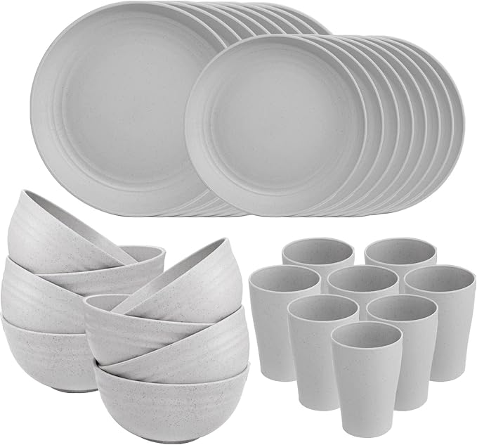 32Pcs Grey Wheat Straw Dinnerware Sets, Unbreakable Dish Set by supernal