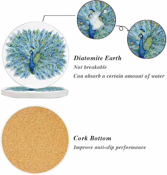 Watercolor Peacock Ceramic Coasters Peacock in Full Bloom Absorbent Drink - Image 4
