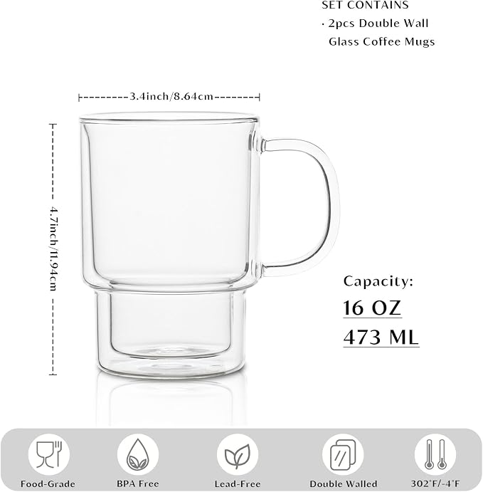 INSETLAN 16oz Double Wall Glass Coffee Mugs Set of 2, Insulated Borosilicate - Image 2