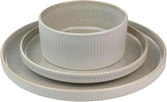 Sango 12 Pieces Stoneware Fluted Dinnerware Set, Modern Cream Dishes - Image 6