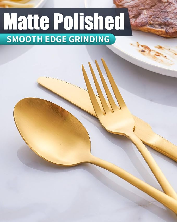 Matte Gold Silverware Set with Steak Knives, 24-Piece Stainless Steel Flatware - Image 4