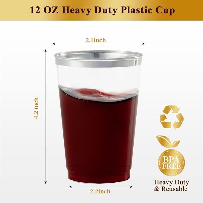 Vplus 150 Pack 12 OZ Silver Rimmed Disposable Plastic Cups - Image 4