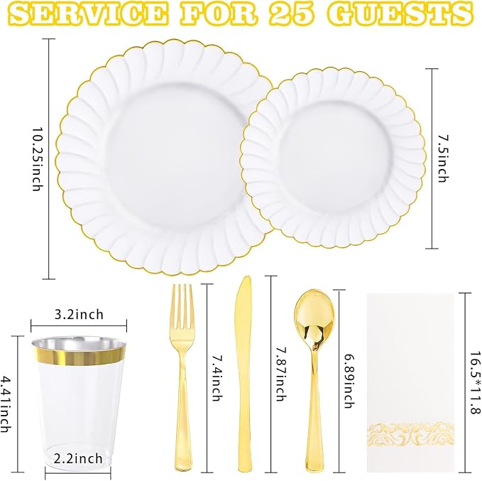 YOUBET 175PCS White and Gold Scalloped Plastic Plates - Image 2
