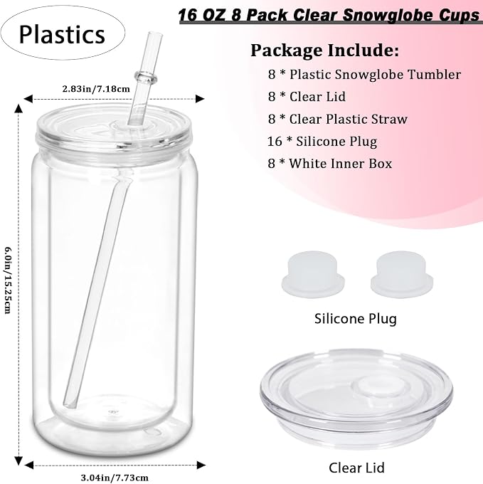 16 oz Plastic Snow Globe Tumbler, 8 Pack Double Wall Snowglobe Tumbler - Image 2