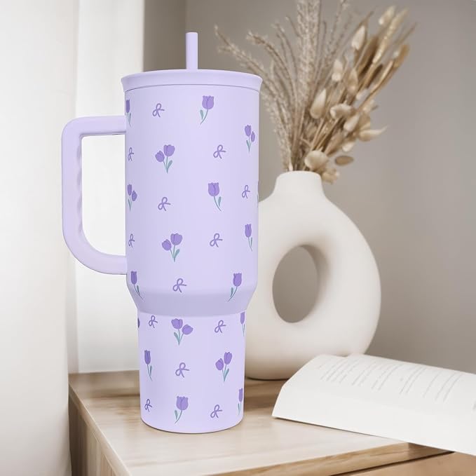 Floral 40oz Tumbler with Handle and Straw – Tulip Insulated Stainless Steel - Image 7