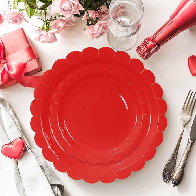 50 Pcs Red Scalloped Paper Plates 25 × 7'' and 25 × 9'' Disposable Red - Image 4