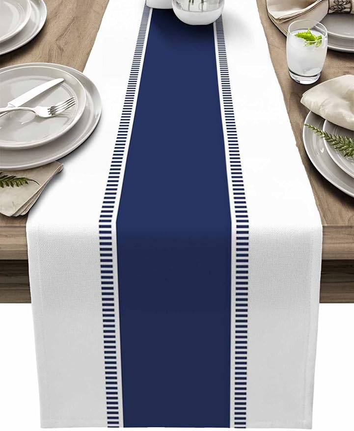Navy Blue Stripes Table Runners, Non Slip Farmhouse Table Runner Dresser Scarves by Futuregrace