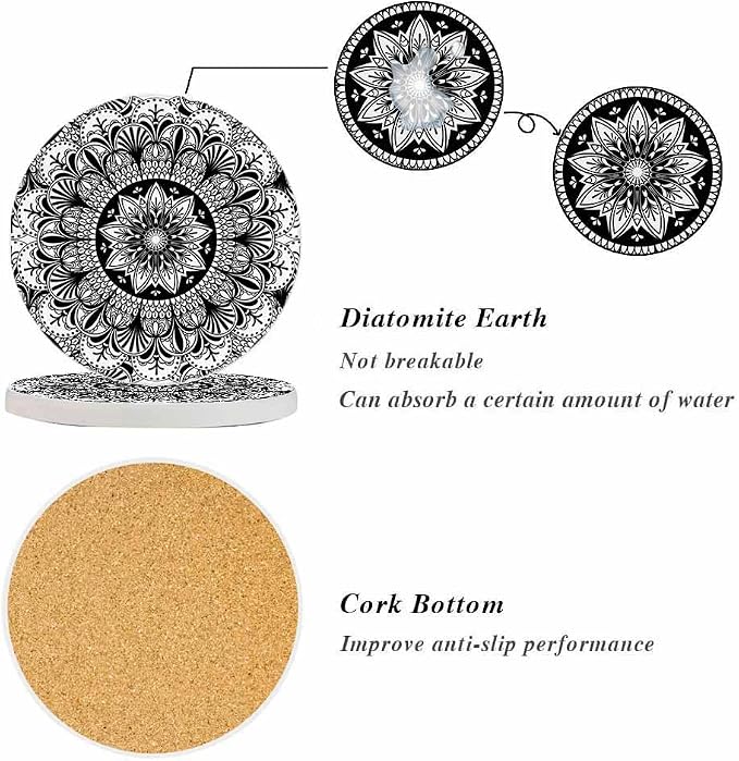 oFloral Flower Black Coasters for Drinks Mandala Vintage Ethnic Features Cups - Image 4